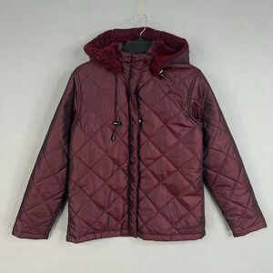 Vintage Guess Jacket Womens Medium Maroon Quilted Fur Hooded Retro Coat Y2K Mall
